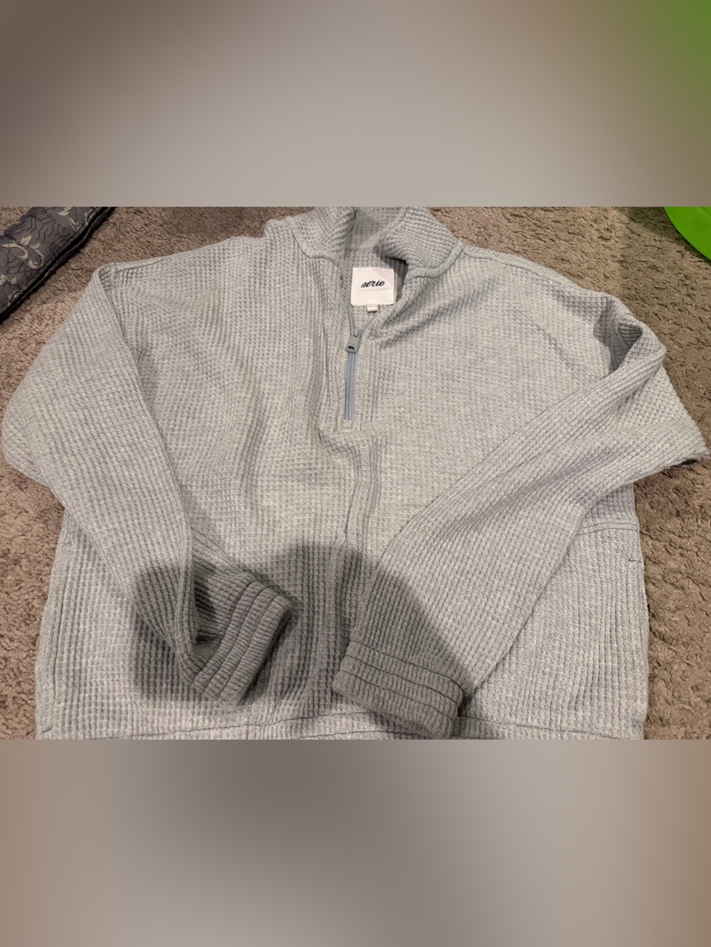 aerie Light Gray Quarter-Zip Waffle Knit Pullover